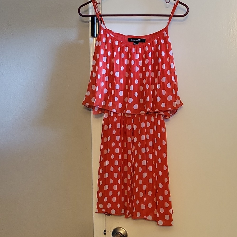 Forever 21 Red White Polka Dot Chiffon Pleated Sleeveless Sundress Size S